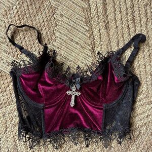 Dolls Kill Burgundy Velvet & Black Corset Top